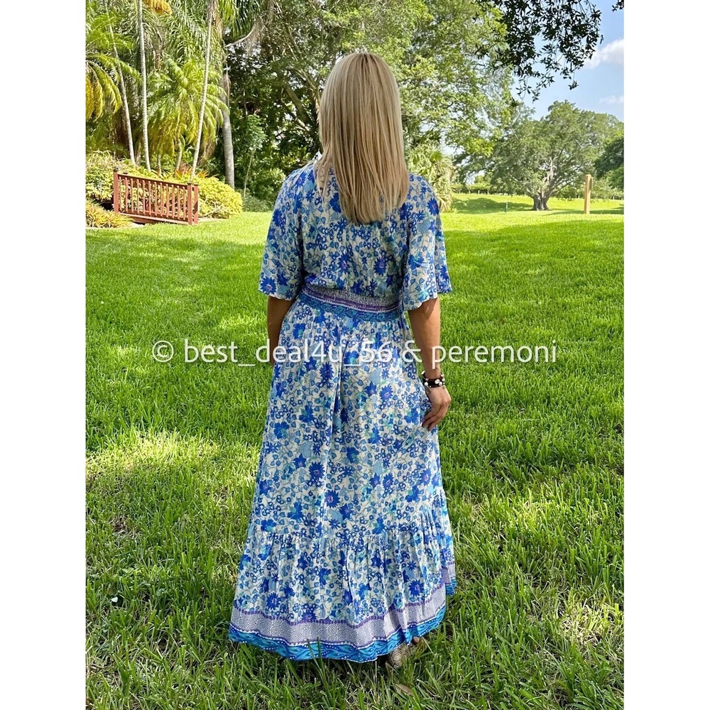 Zara Floral Maxi Dress Women's S Blue White V-Neck Empire Waist Boho Resort - Picture 3 of 10